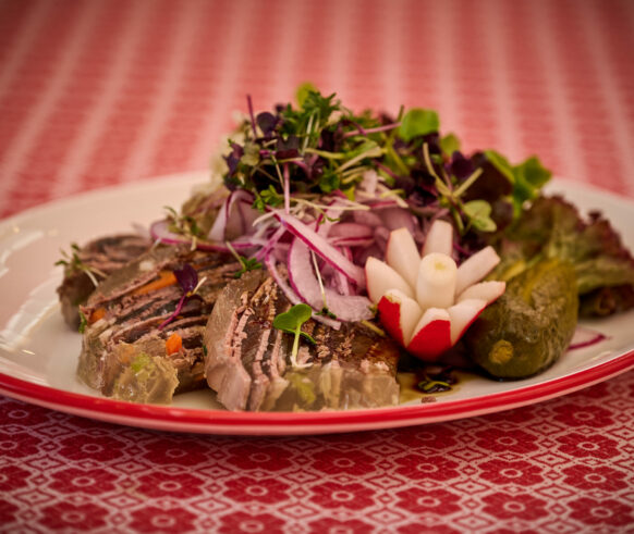 Wurstsalat mit Salat und Essiggurken
